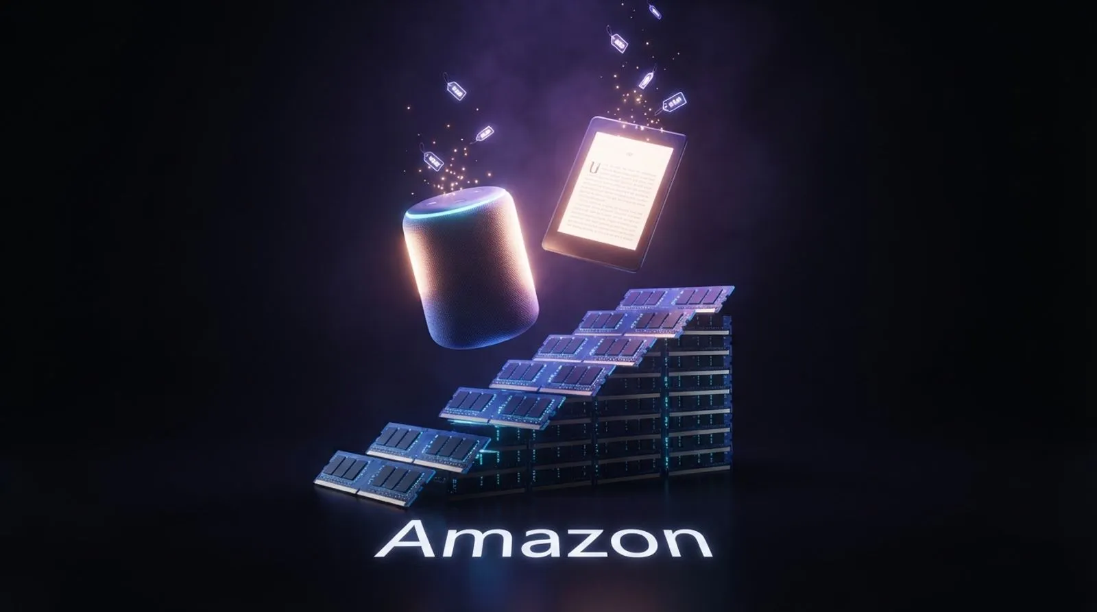 Uma caixa de som inteligente e um leitor digital flutuando sobre uma escada feita de pentes de memória RAM empilhados, com etiquetas de preço brilhantes subindo e a palavra Amazon escrita no chão