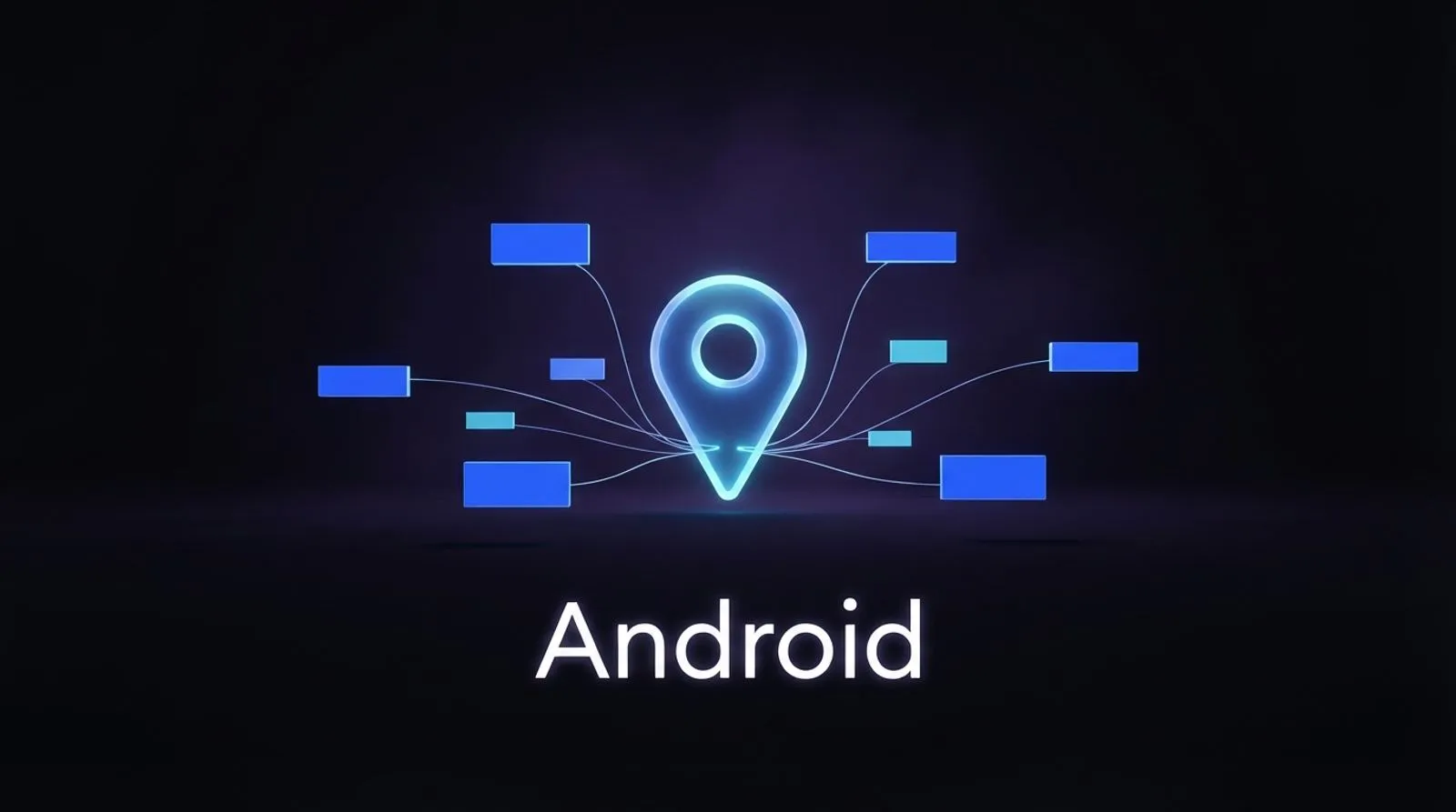 Um pino de localização brilhante vazando para dentro de vários blocos de anúncio flutuantes no escuro, com a palavra Android em letras brancas ao fundo