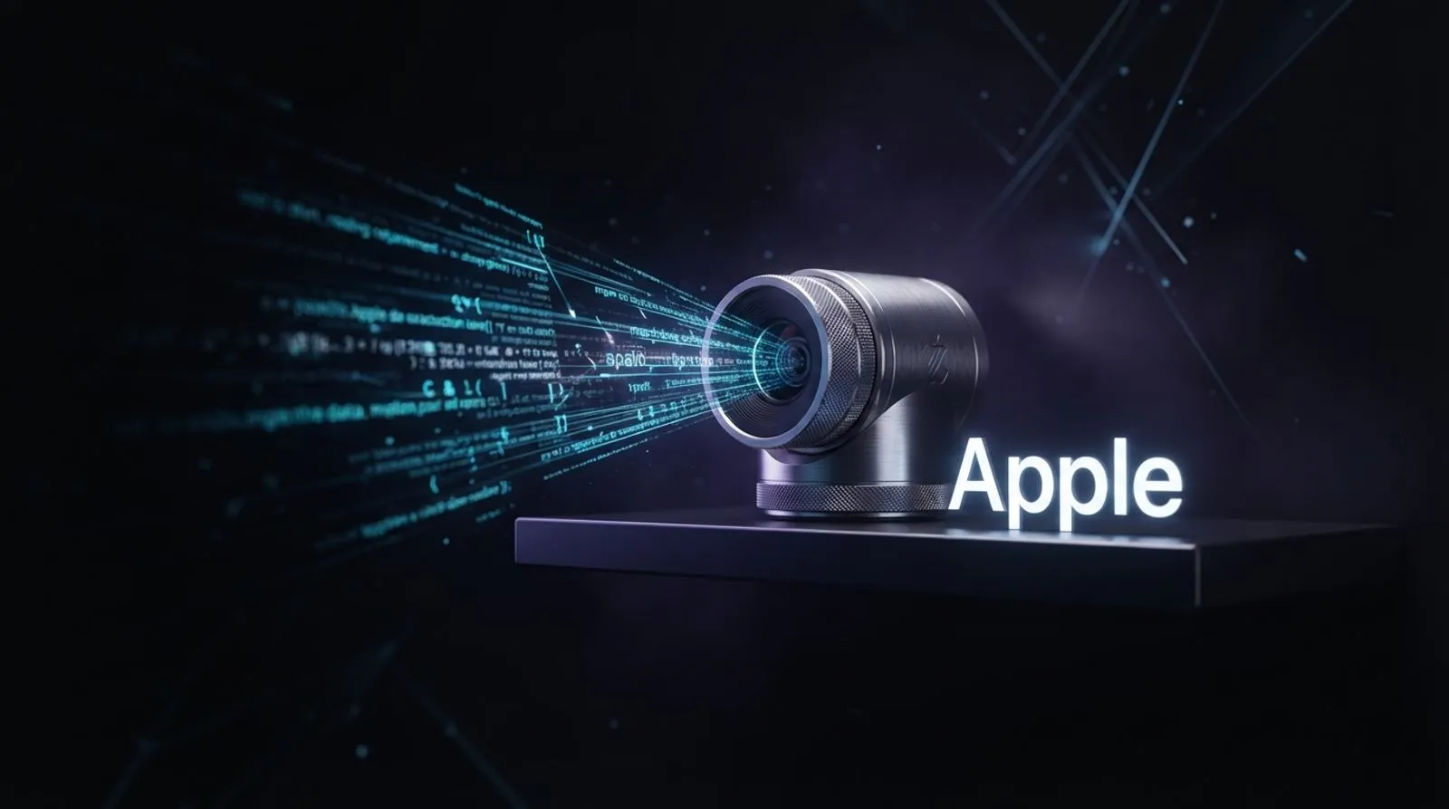 Pequena câmera cilíndrica de metal numa prateleira emitindo linhas de texto no lugar de imagem, ao lado da palavra Apple
