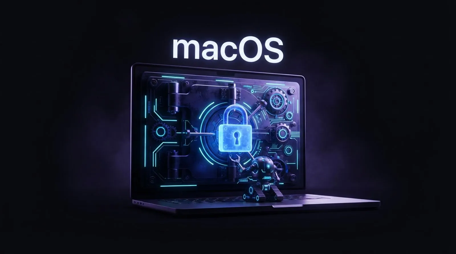Notebook com uma porta de cofre e cadeado brilhante, com um pequeno robô tentando entrar, sob a palavra macOS