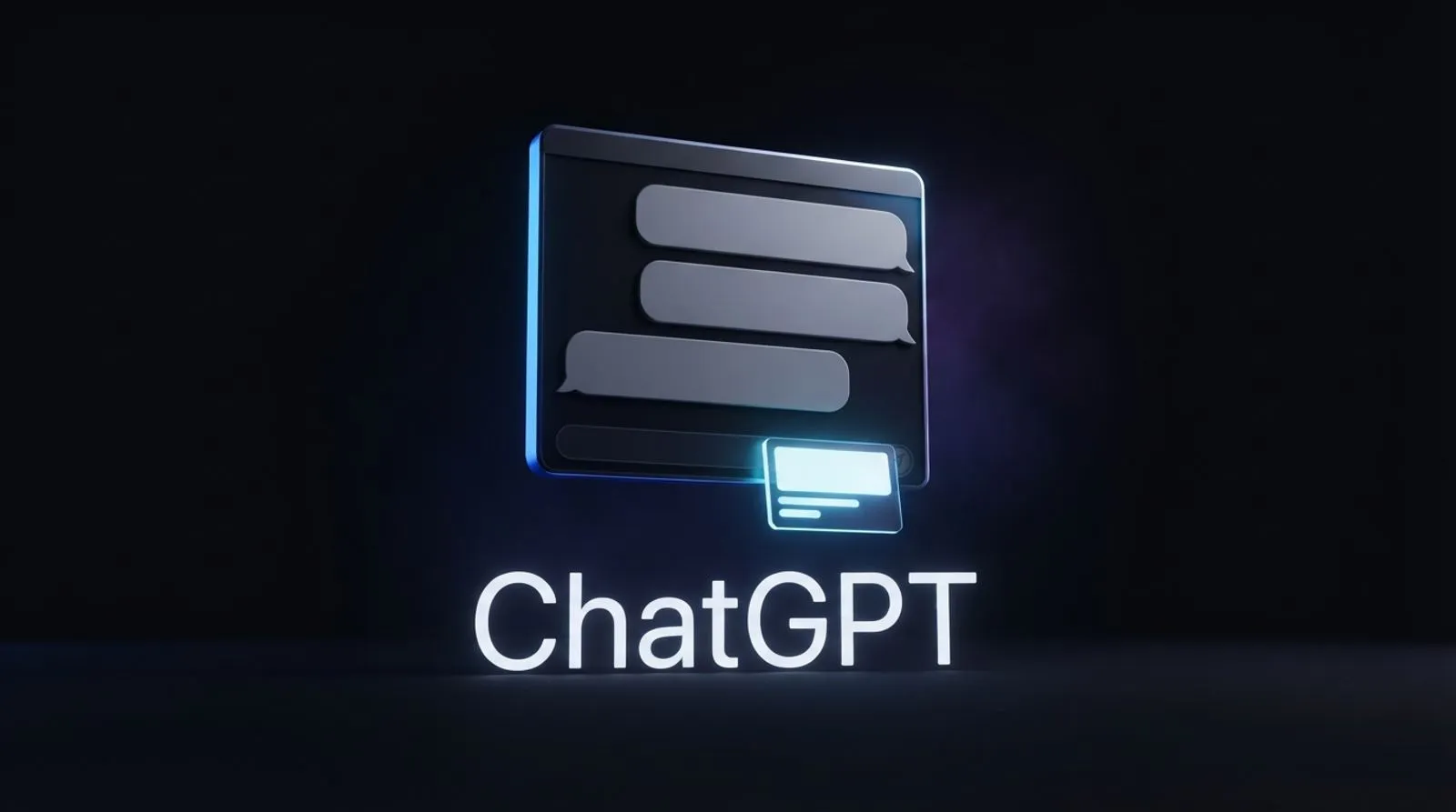 Uma janela de chat flutuando no escuro com um pequeno retângulo publicitário luminoso surgindo abaixo do texto, letras brancas formando a palavra ChatGPT ao fundo
