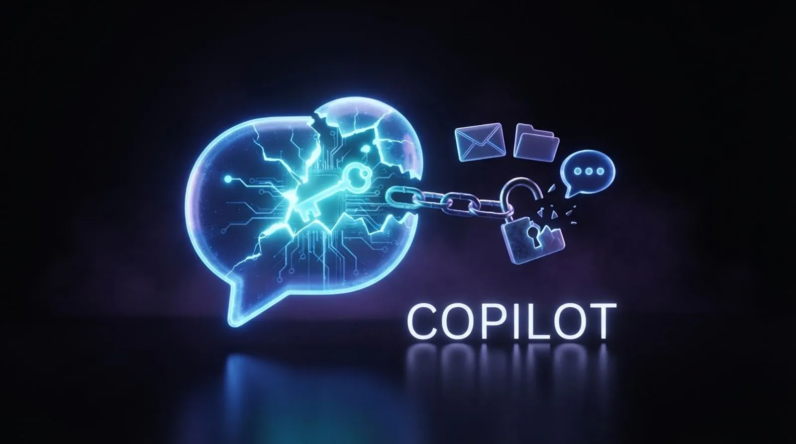 Um assistente de IA luminoso revelando um mapa de conexões escondidas ao lado de um cadeado quebrado, com a palavra COPILOT em letras brancas