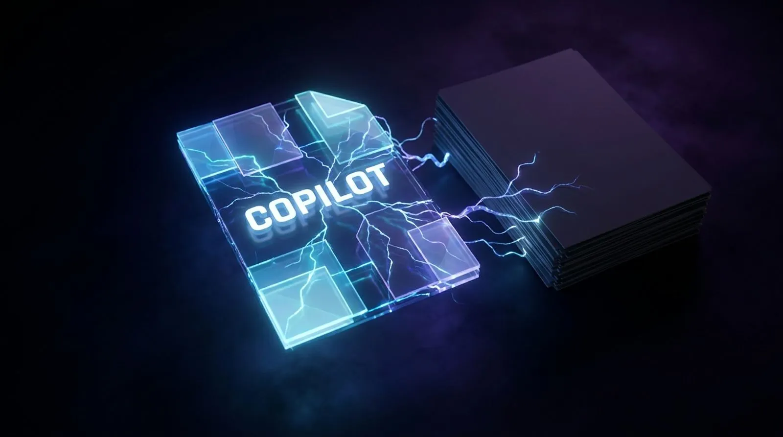 Um documento de texto luminoso com um verme digital se espalhando entre páginas conectadas, em tons de azul elétrico, com a palavra COPILOT em letras brancas