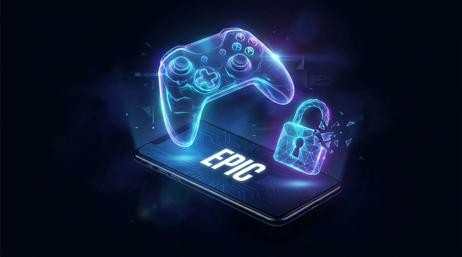 Um controle de videogame flutuando sobre uma tela de smartphone em tons de azul elétrico brilhante, com a palavra EPIC em letras brancas