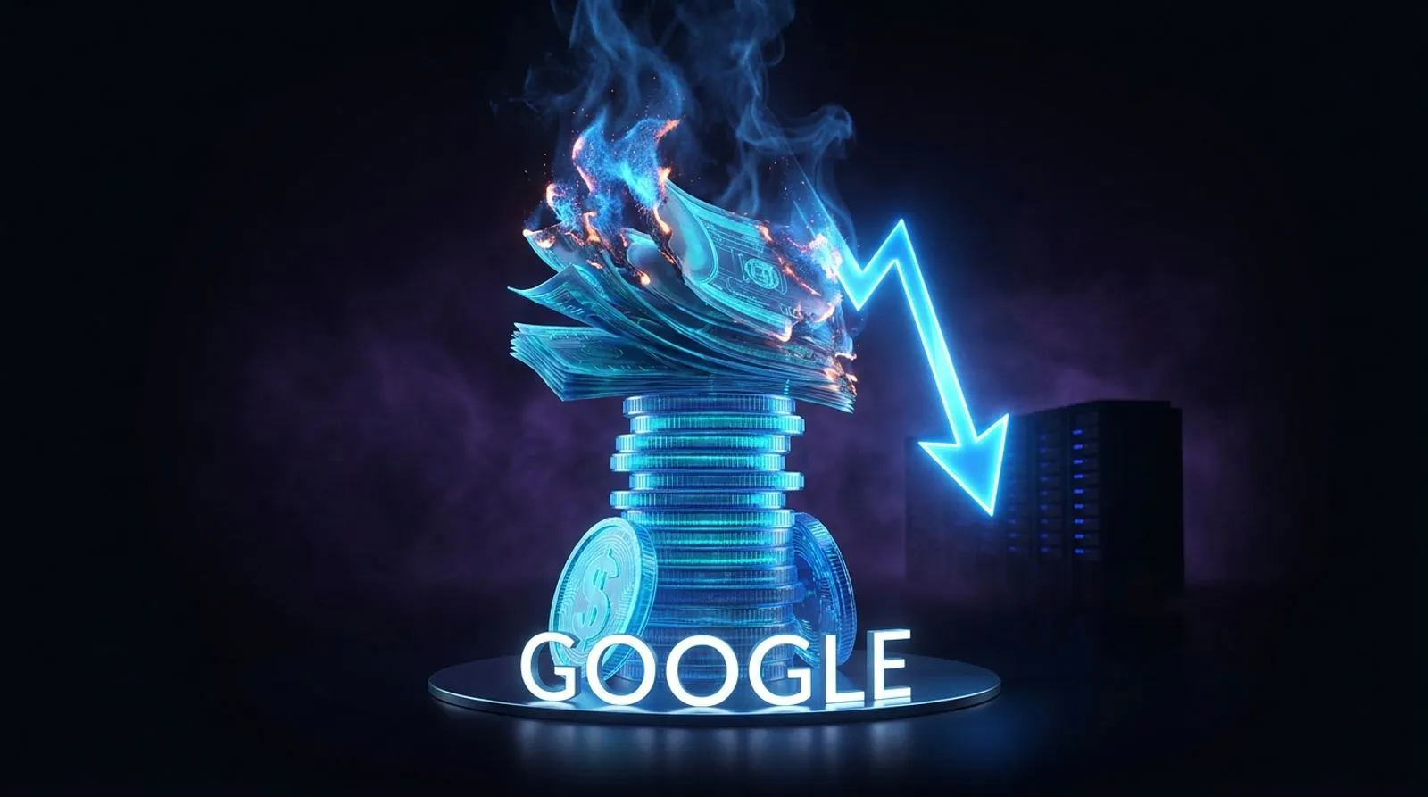 Pilha de moedas luminosas com notas queimando no topo e uma seta descendente, ao lado de um data center, com a palavra GOOGLE em letras brancas