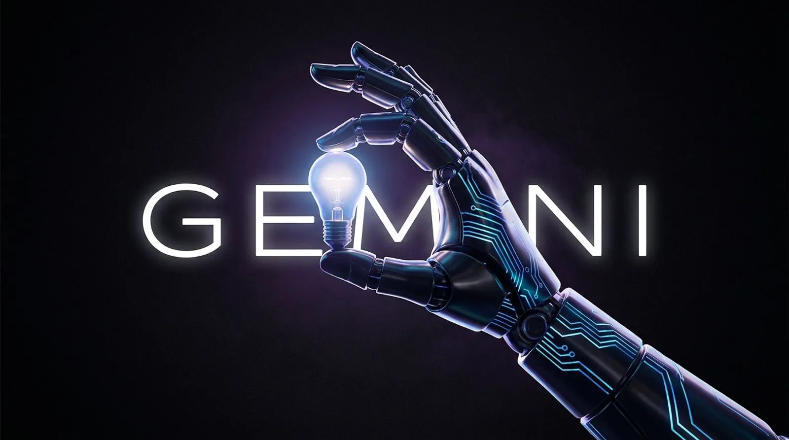 Um braço robótico articulado em metal escuro segurando uma lâmpada, iluminado por luz azul elétrica, com a palavra GEMINI em letras brancas gravadas na base