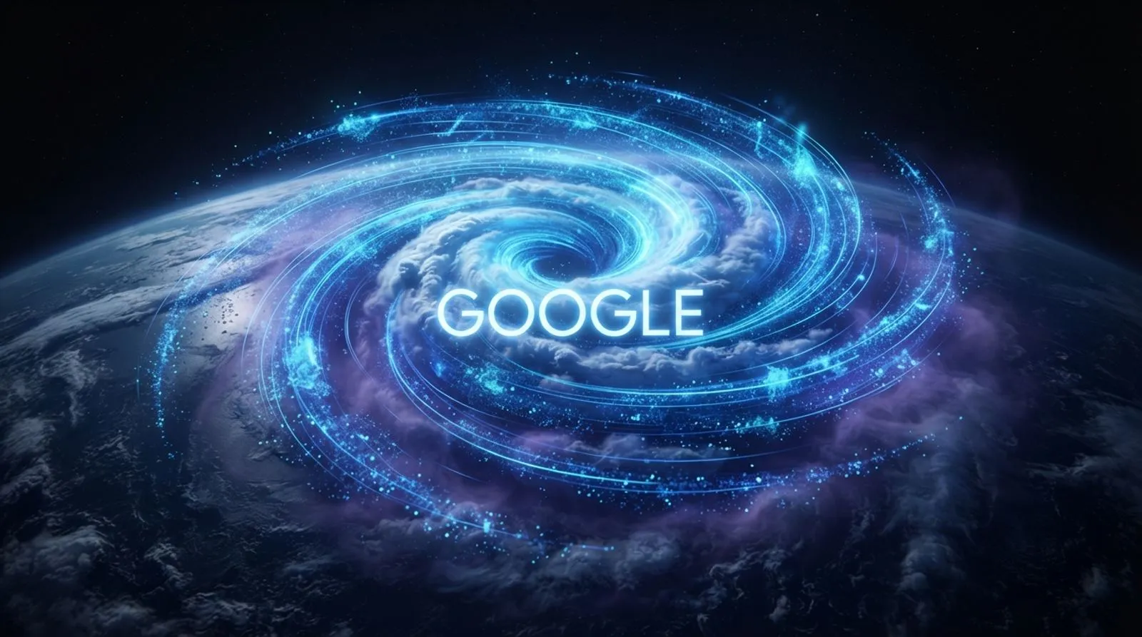 Ilustração de um furacão abstrato feito de partículas de dados azuis girando sobre a Terra, com o nome Google no centro
