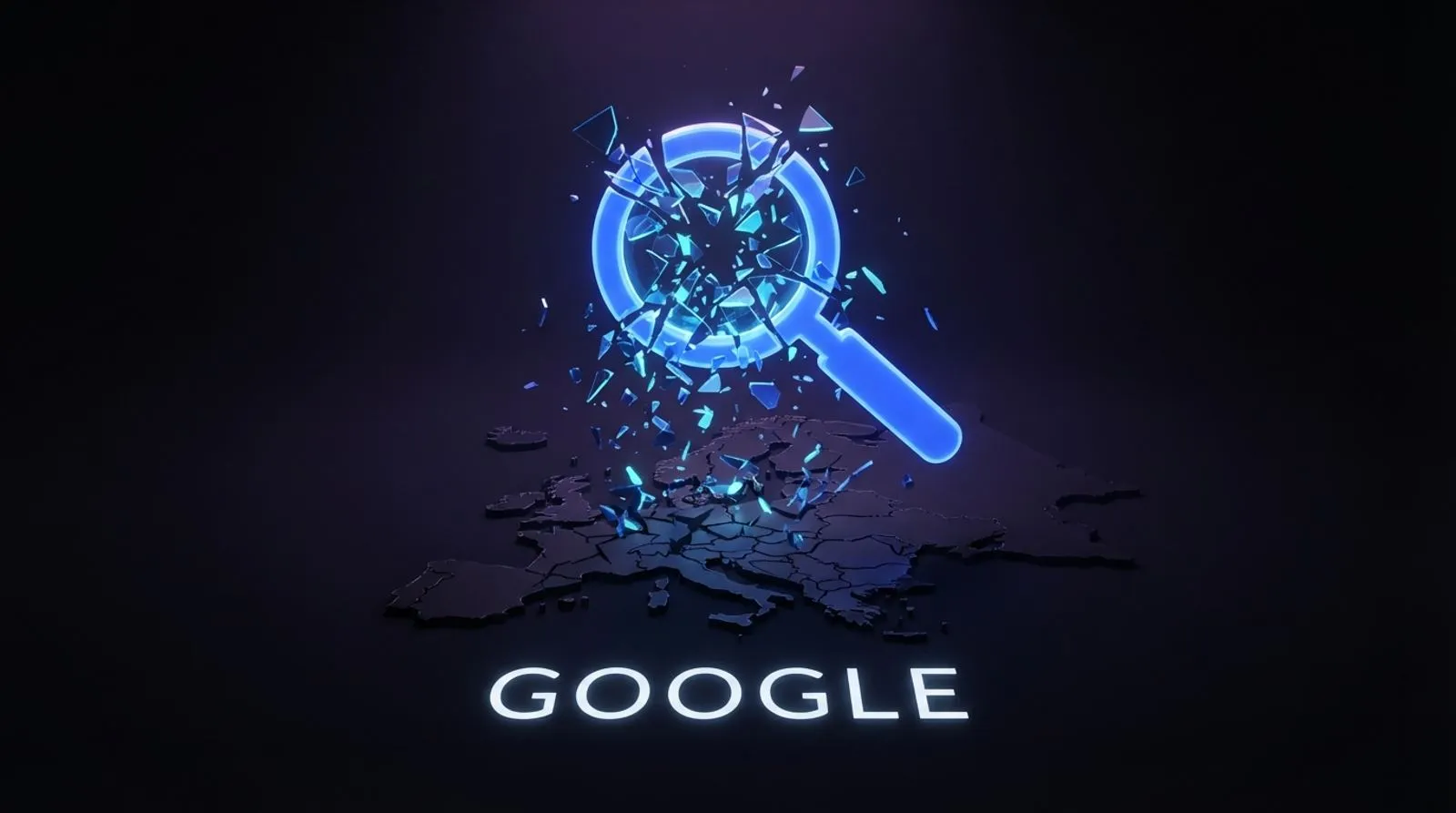 Uma lupa de busca digital brilhante em azul e ciano se estilhaça sobre um mapa escuro da Europa, com a palavra GOOGLE escrita em branco ao fundo
