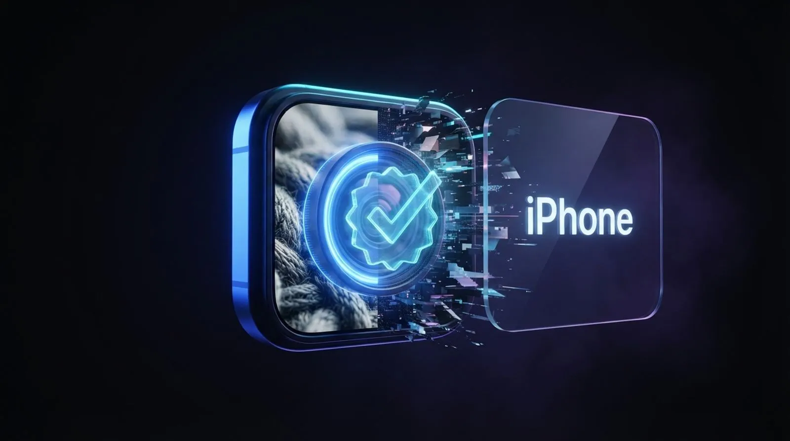 Lente de câmera de iPhone brilhando com um selo holográfico de autenticação, metade da cena em pixels nítidos e metade se desfazendo em fragmentos abstratos, com a palavra iPhone em letras brancas