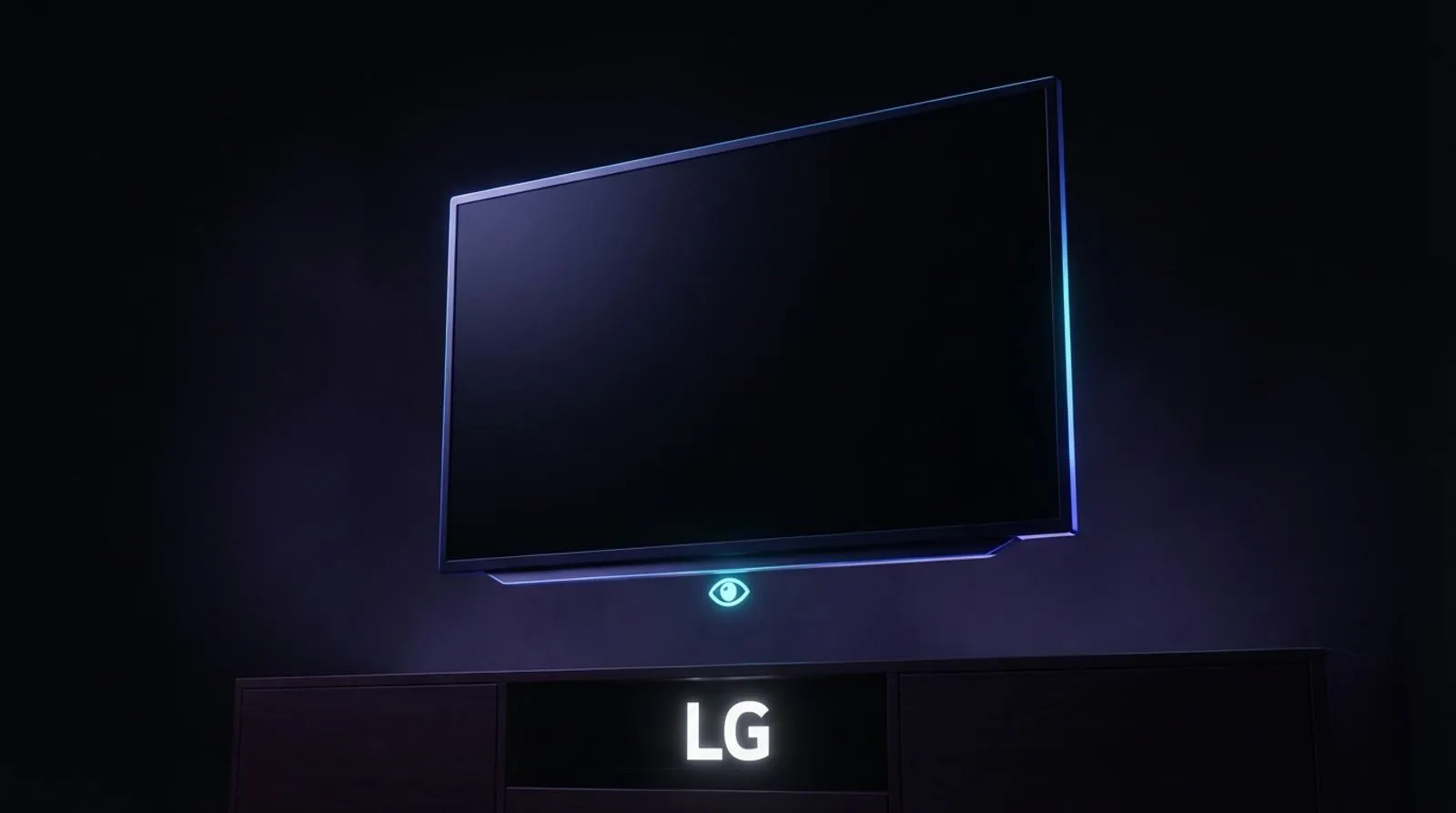 Uma smart TV suspensa no escuro com um ícone de microfone brilhante saindo da tela, e a palavra LG escrita em branco no console abaixo