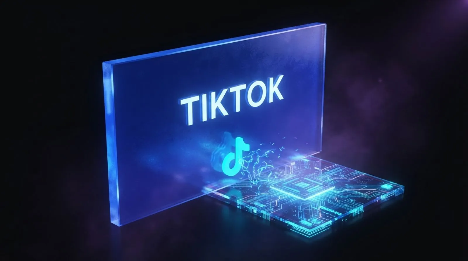 Ilustração de uma parede de vidro azul brilhante com a palavra TIKTOK barrando um sinal luminoso diante de uma placa de circuitos