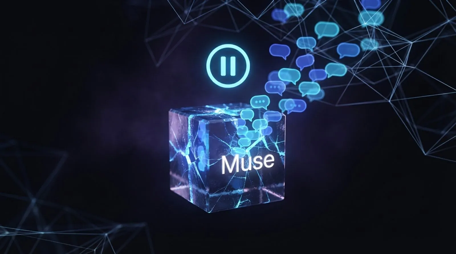 Balões de conversa vazando de um cubo de vidro rachado para uma rede de linhas luminosas, com a palavra Muse em letras brancas e um botão de pausa