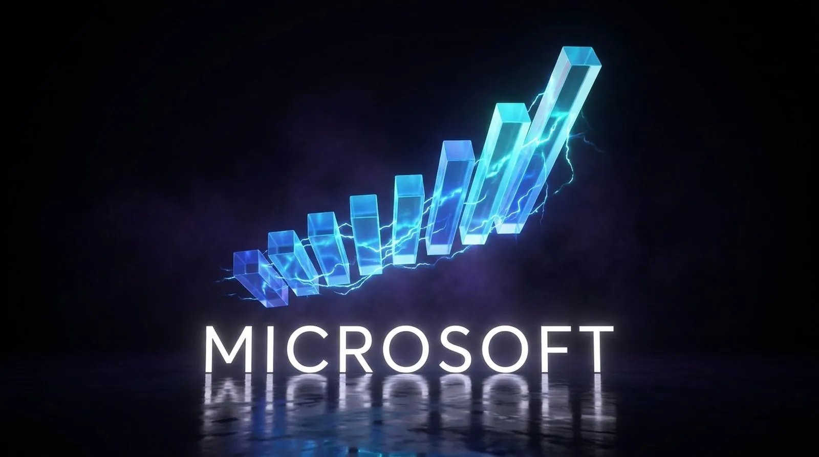 Um gráfico de barras ascendente em azul elétrico brilhante flutuando sobre uma superfície escura, com a palavra MICROSOFT em letras brancas