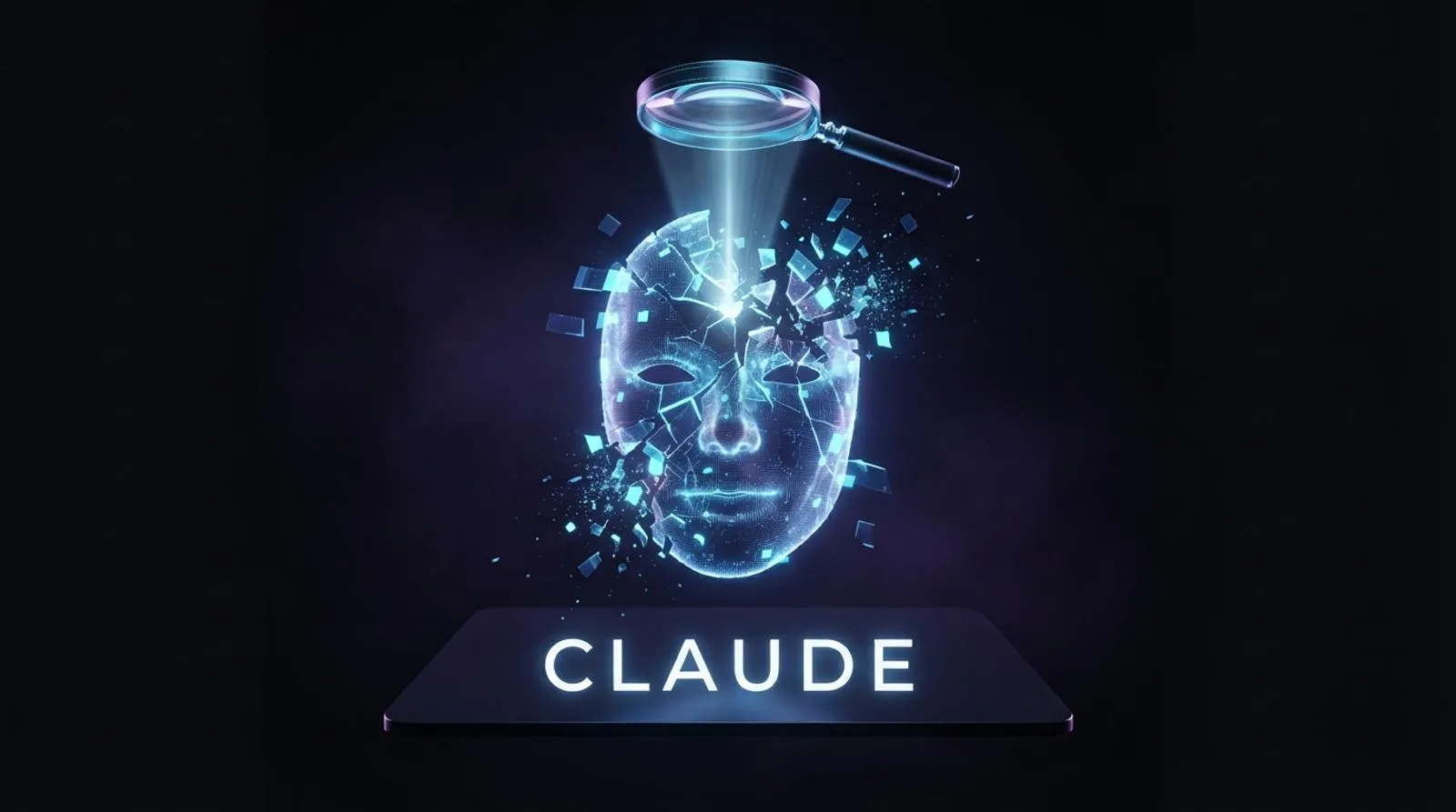 Ilustração escura de um rosto digital fragmentado sob uma lupa de luz, com a inscrição CLAUDE em um painel