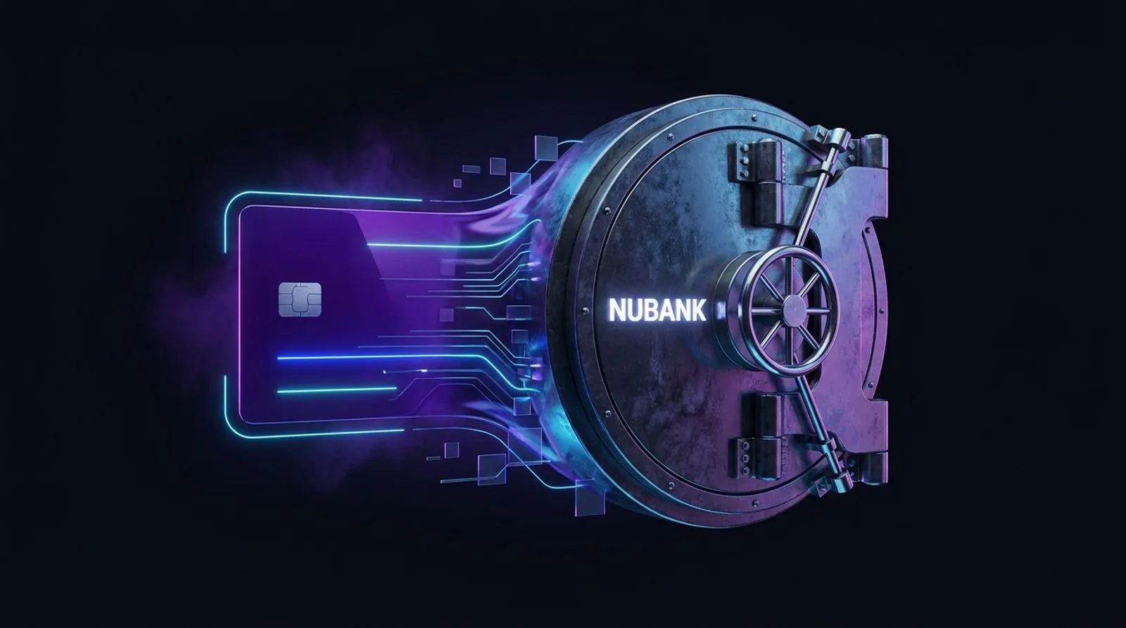 Cartão roxo do Nubank se transformando em circuitos que entram na porta de um cofre de banco metálico com a palavra NUBANK em letras luminosas