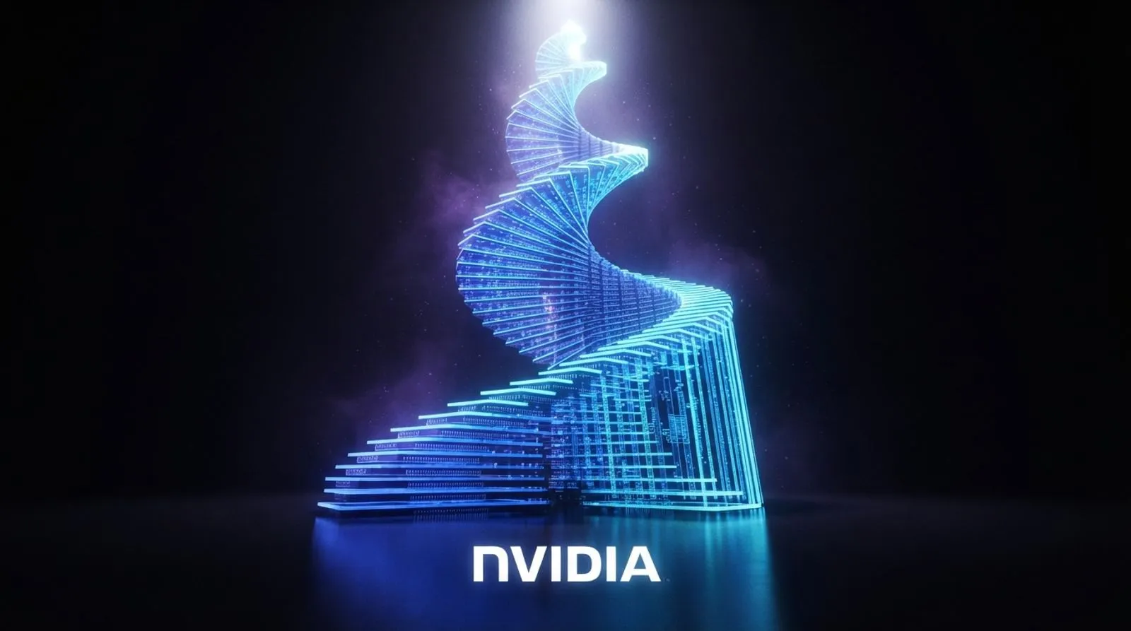 Um gráfico de barras luminoso subindo em espiral sobre uma superfície escura, com a palavra NVIDIA escrita em branco na base
