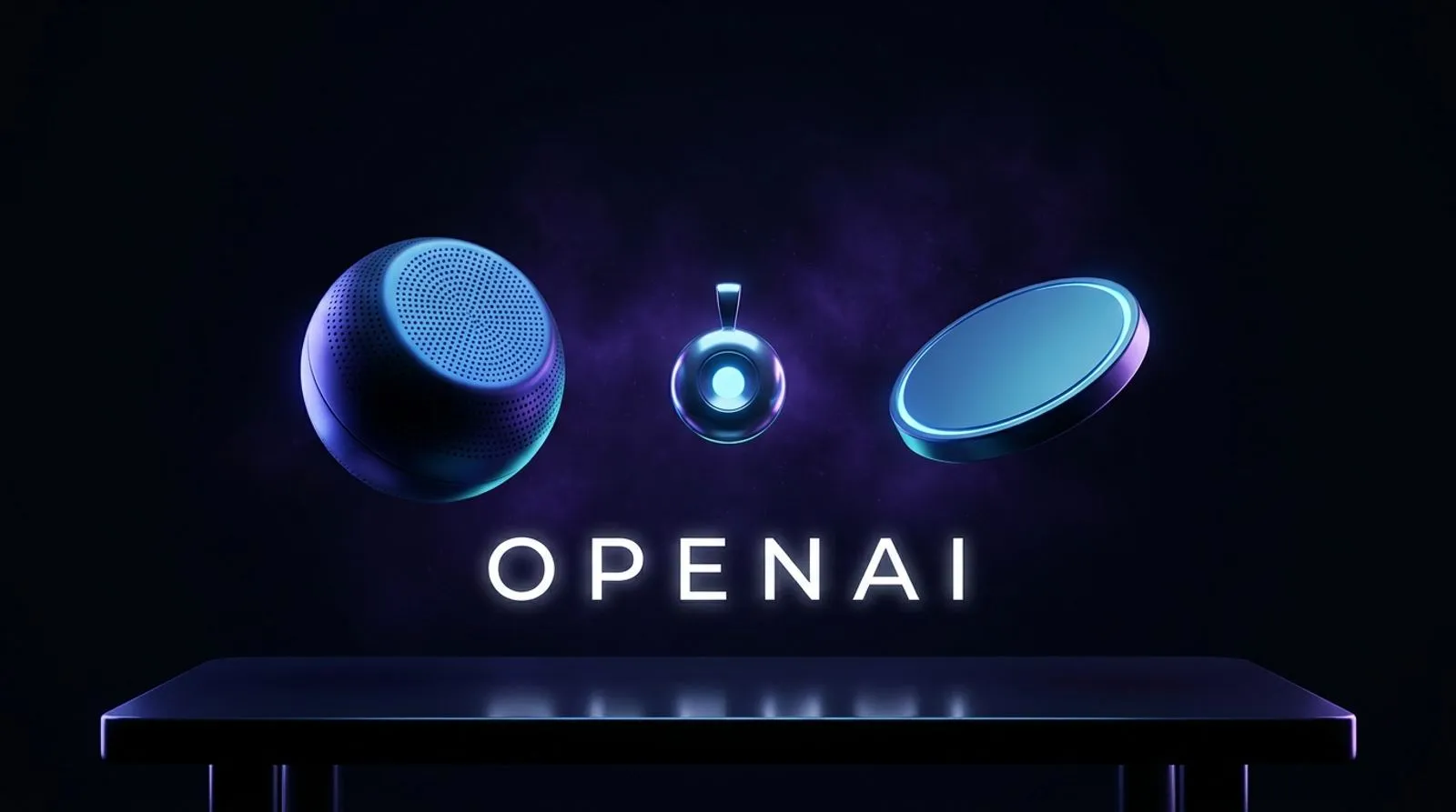 Uma fileira de objetos futuristas de formatos diferentes, um alto-falante, um pingente e um disco, emitindo luz azul elétrica sobre uma mesa escura, com a palavra OPENAI em letras brancas