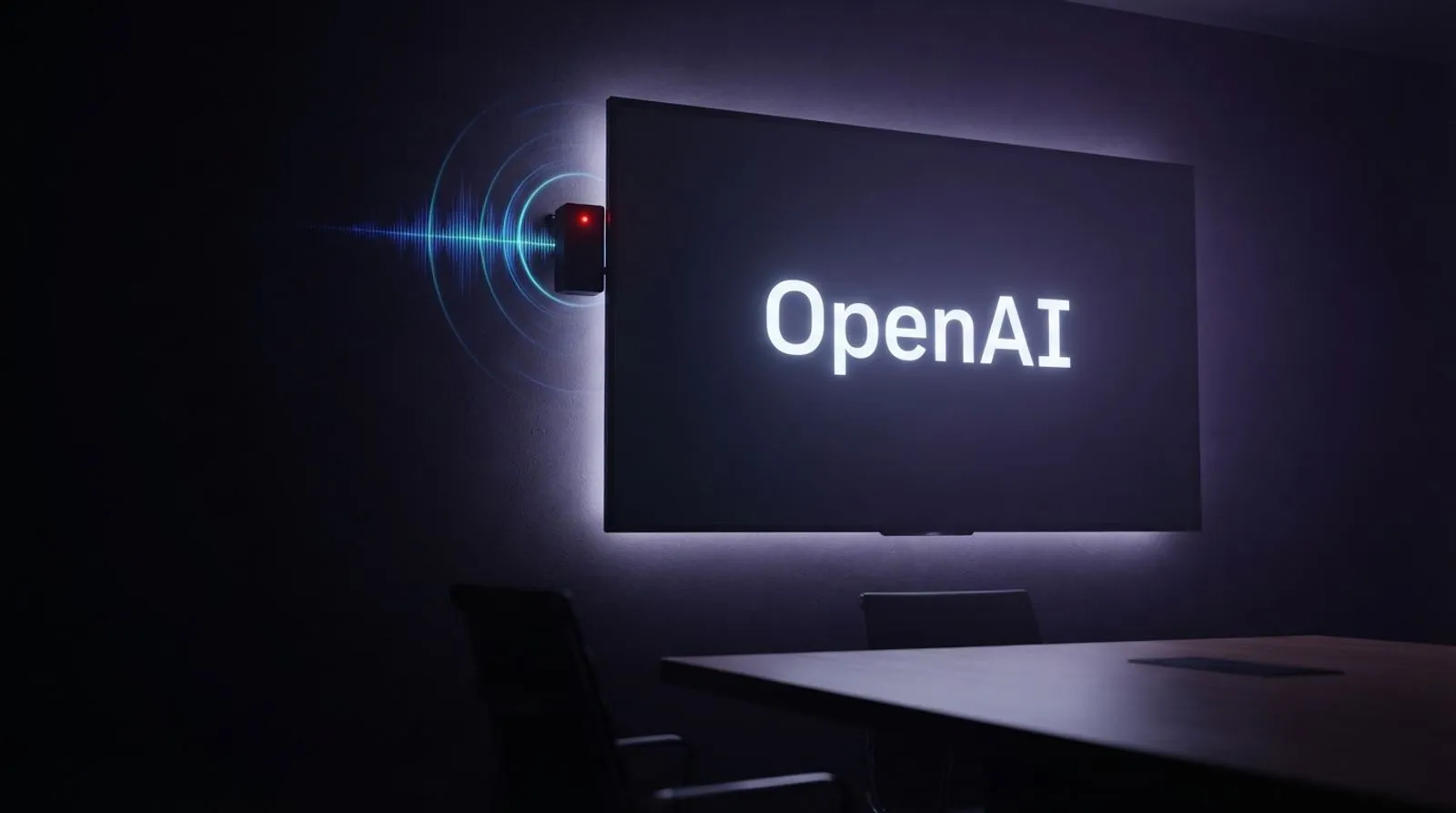 Sala de reuniões escura com uma TV exibindo a palavra OpenAI e um pequeno aparelho de escuta com luz vermelha ao lado, emitindo ondas de áudio