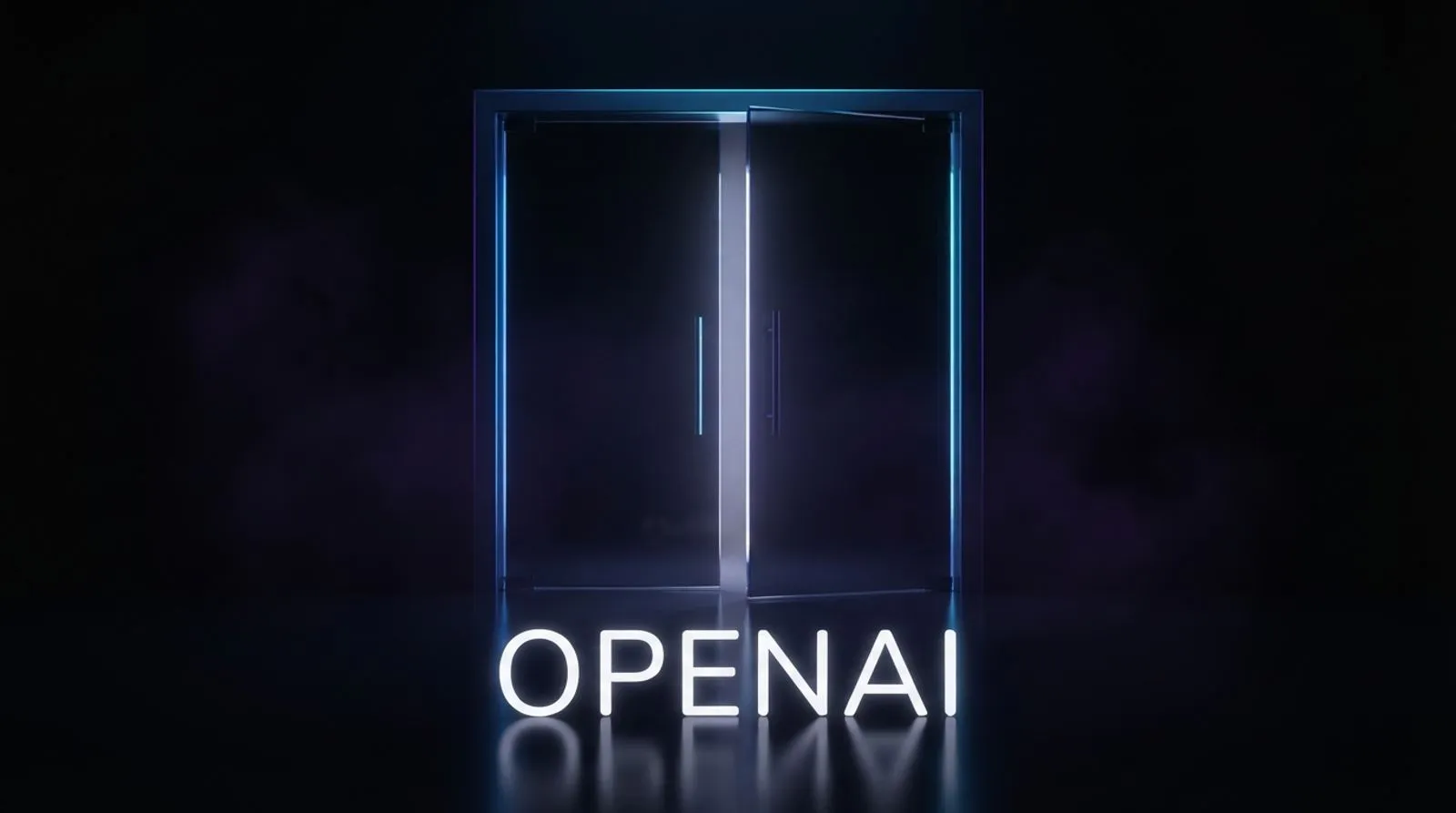 Uma porta de vidro luminosa se fechando sobre um fundo escuro, com a palavra OPENAI escrita em branco acima