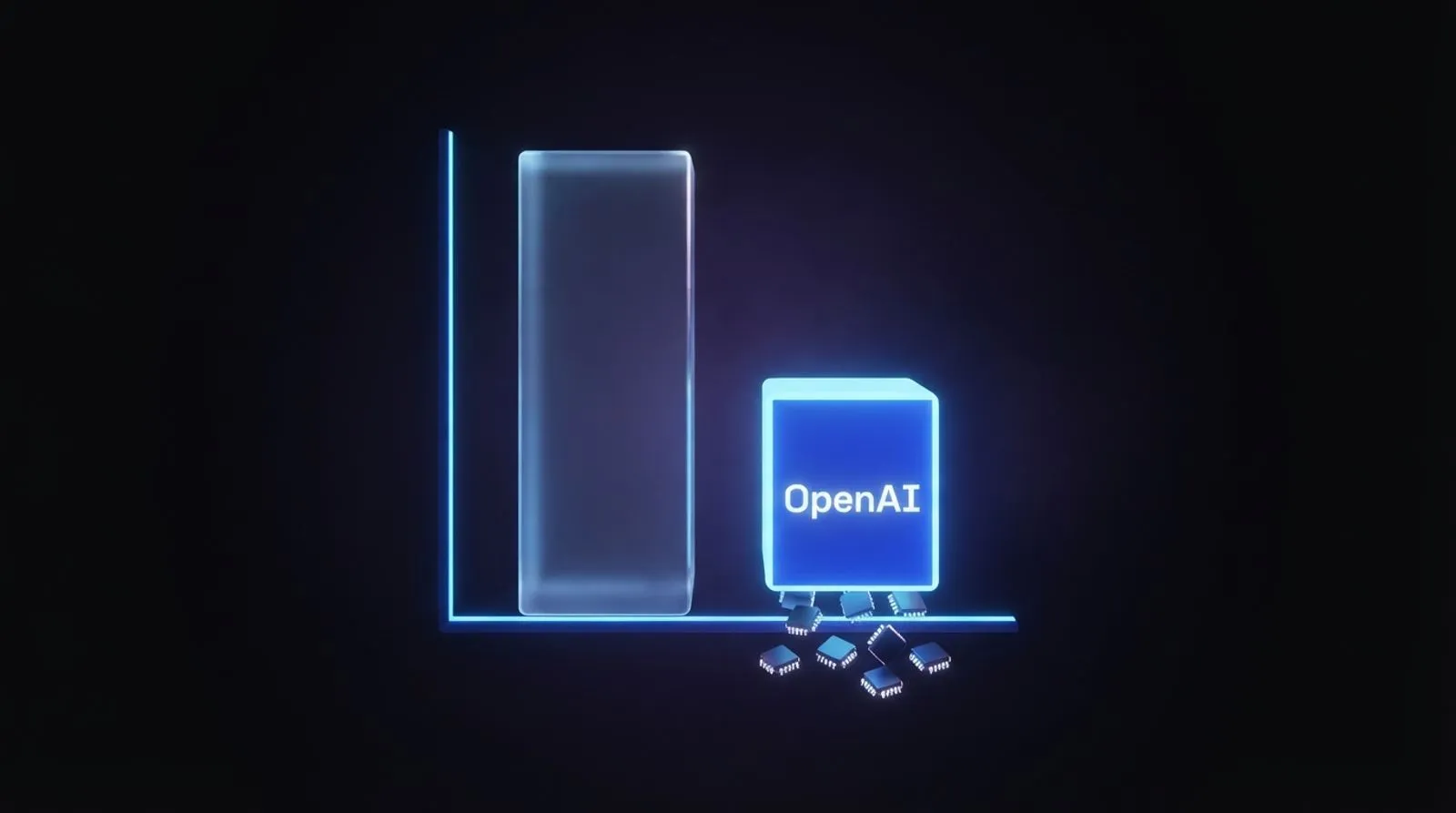 Gráfico de barras luminoso com uma barra alta e translúcida ao lado de uma barra menor com a palavra OpenAI, e chips caindo