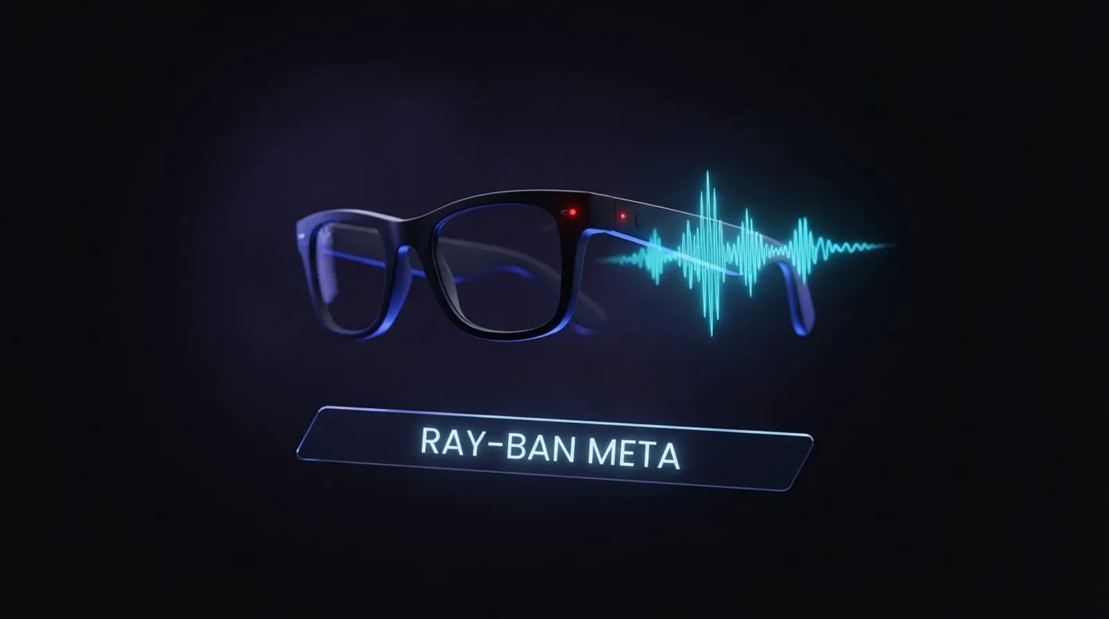 Óculos inteligentes flutuando no escuro com uma onda sonora azul saindo da haste e a inscrição RAY-BAN META abaixo.