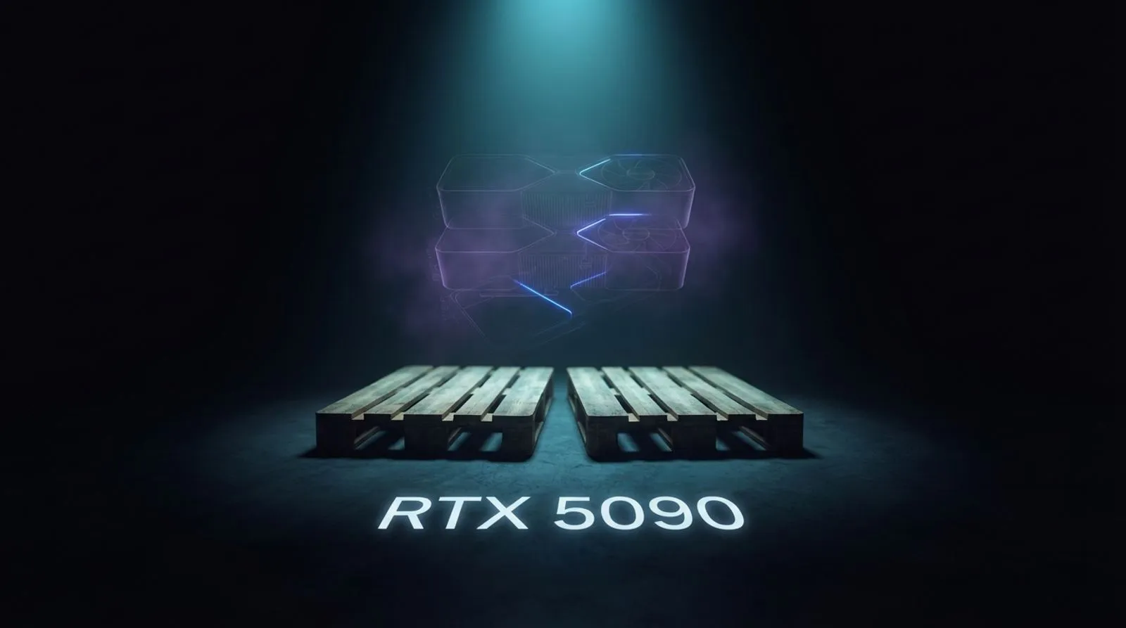 Dois paletes vazios sob um foco de luz azul, com placas de vídeo translúcidas flutuando acima e a inscrição RTX 5090 no chão.