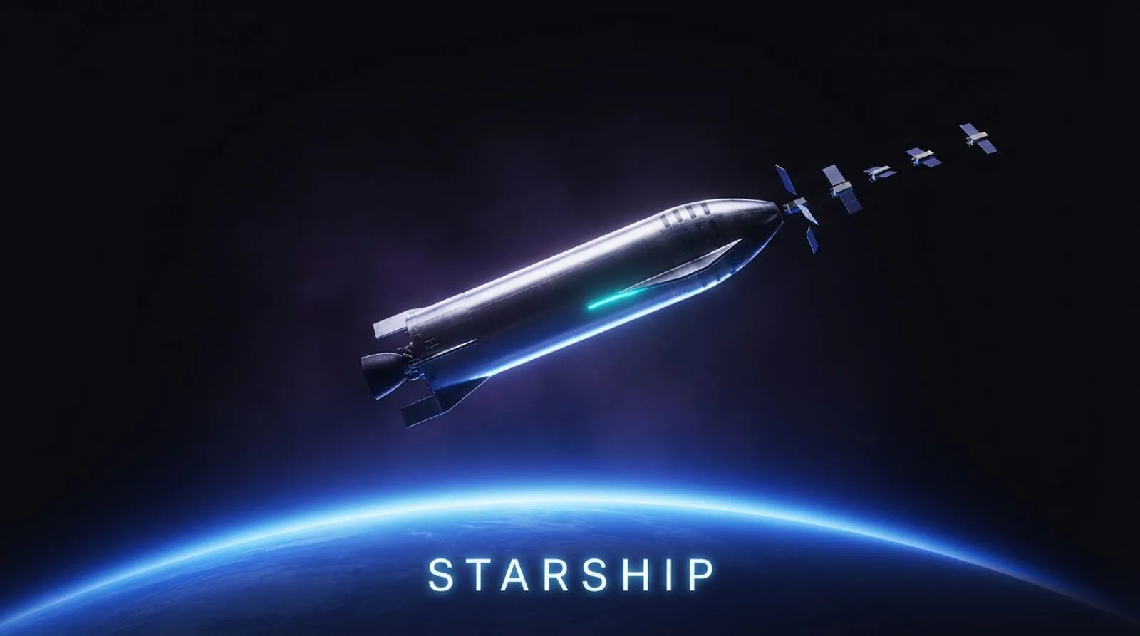 Estágio superior da Starship em órbita soltando satélites sobre a curva da Terra, com a palavra STARSHIP em letras brilhantes