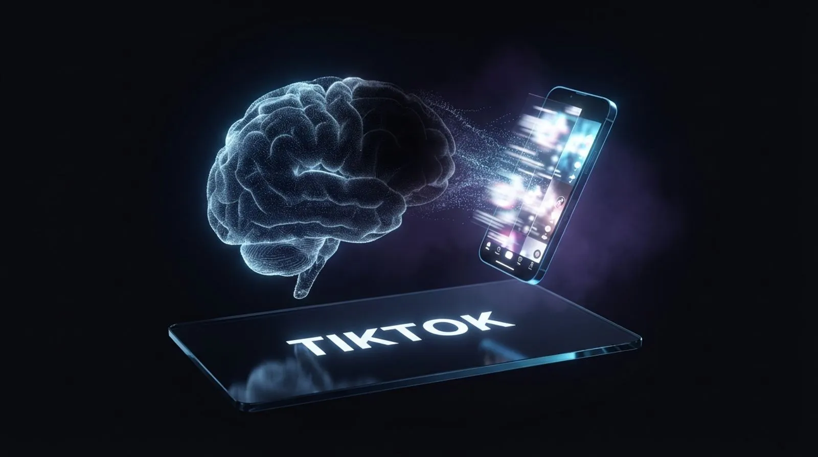 Ilustração abstrata de um cérebro feito de partículas de luz azul se apagando enquanto um celular com vídeos curtos brilhantes drena sua energia, sobre uma placa de vidro com a palavra TIKTOK