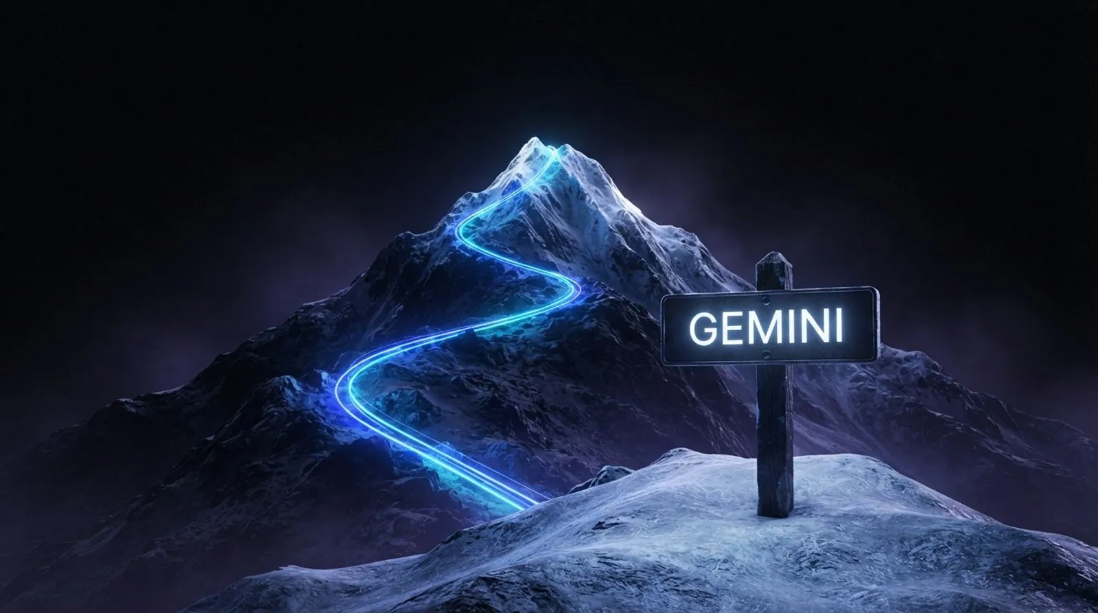 Ilustração escura de uma montanha nevada à noite com uma trilha iluminada em azul elétrico, com a palavra GEMINI gravada em uma placa de sinalização