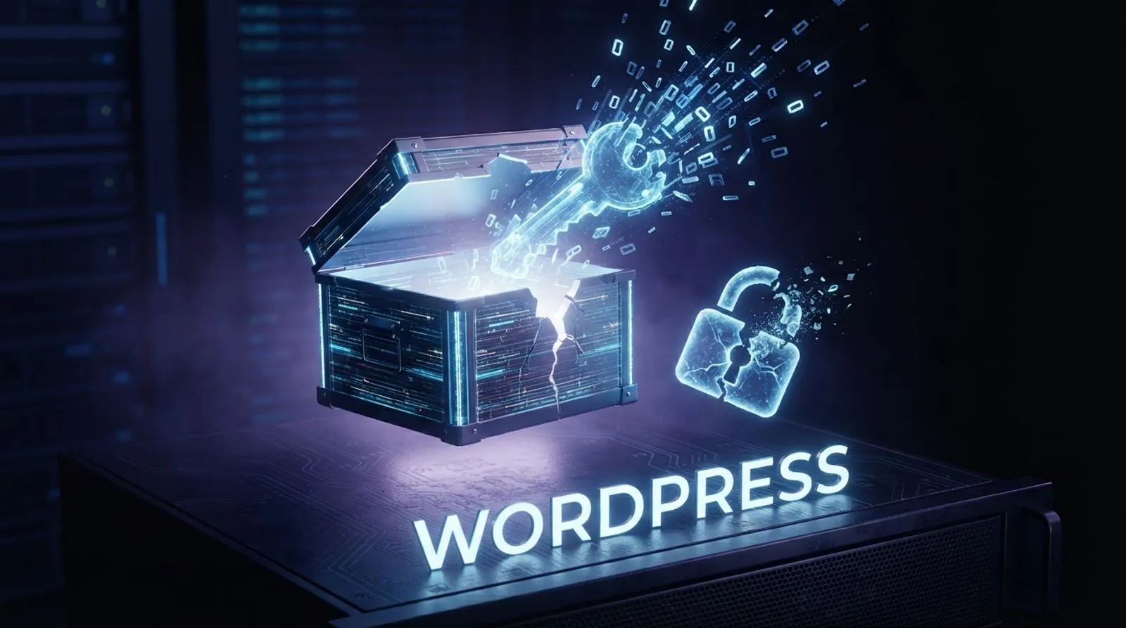 Ilustração editorial escura de uma caixa de backup digital azul brilhante rachada, com uma chave translúcida escapando dela, ao lado da palavra WORDPRESS em letras brancas